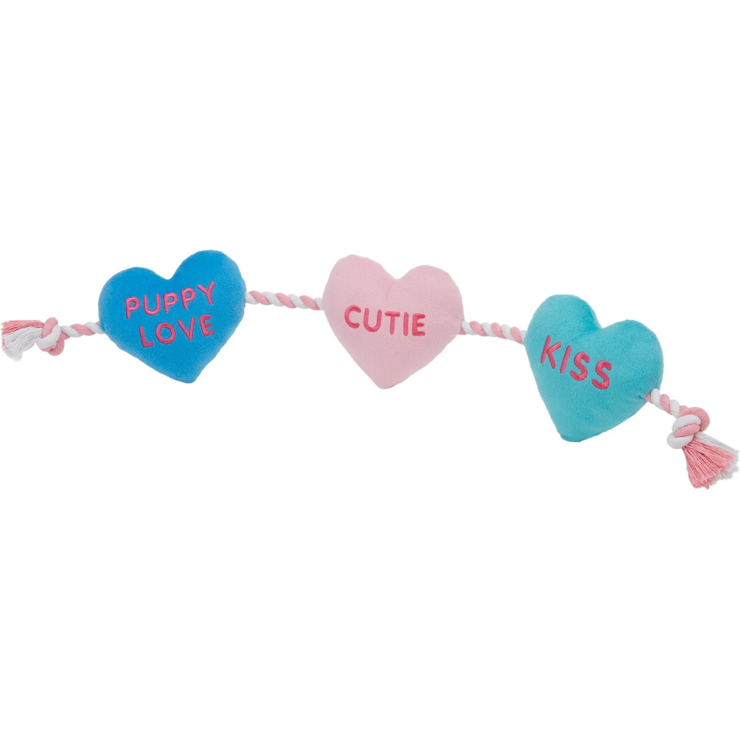 Frisco Valentine Candy Hearts Plush With Rope Squeaky Dog Toy 1 Frisco Valentine Candy Hearts Plush With Rope Squeaky Dog Toy