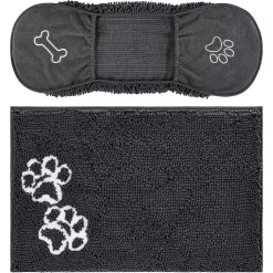 Frisco Microfiber Chenille Shammy Towel & Frisco Microfiber Chenille Paw Print Dog & Cat Mat, Dark Gray