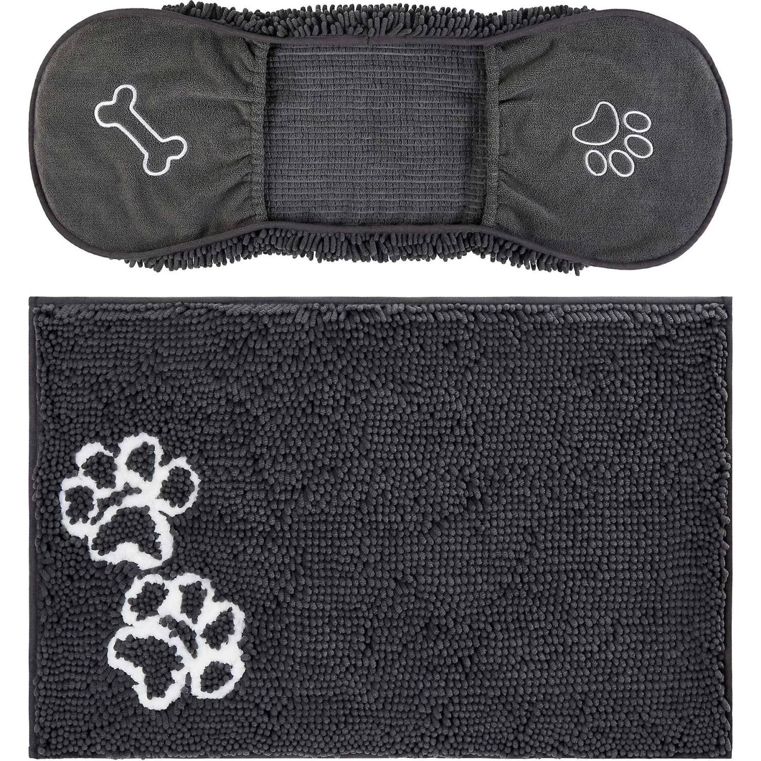 Frisco Microfiber Chenille Shammy Towel & Frisco Microfiber Chenille Paw Print Dog & Cat Mat, Dark Gray 1 Frisco Microfiber Chenille Shammy Towel & Frisco Microfiber Chenille Paw Print Dog & Cat Mat, Dark Gray