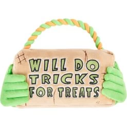 Frisco Halloween "Will Do Tricks For Treats" Sign Plush With Rope Squeaky Dog Toy