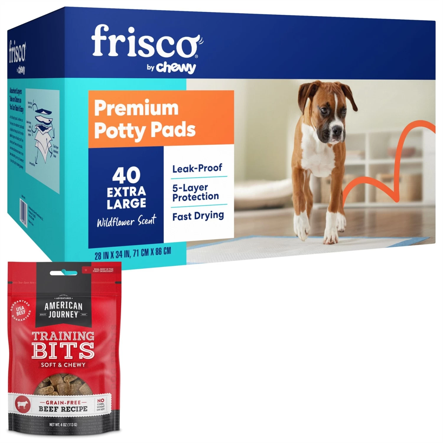 Frisco Premium Extra Large Dog Training & Potty Pads & American Journey Beef Recipe Grain-Free Soft & Chewy Training Bits Dog Treats 1 Frisco Premium Extra Large Dog Training & Potty Pads & American Journey Beef Recipe Grain-Free Soft & Chewy Training Bits Dog Treats